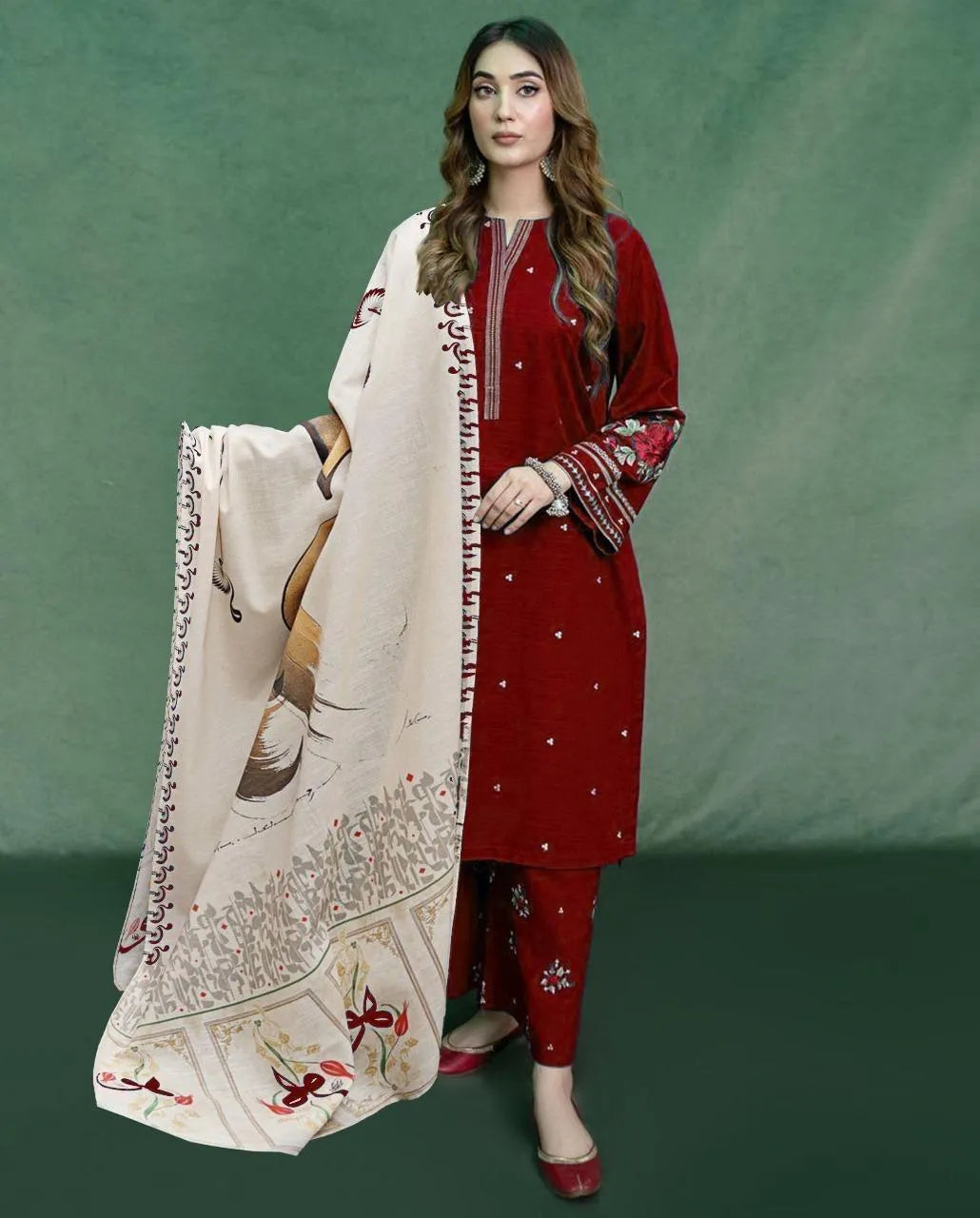 Maroon Embroidered Lawn 3Pcs Set with Digital Print Dupatta