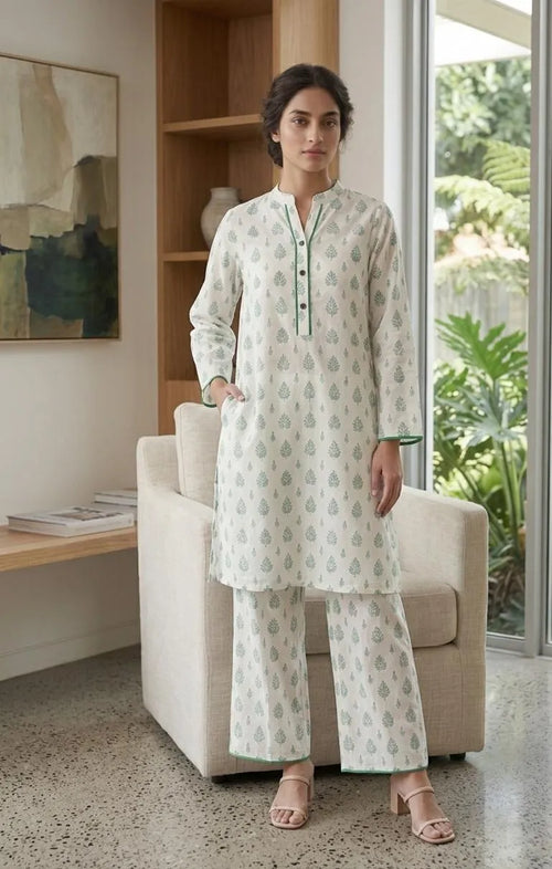 White Printed Arabic Lawn Kurta Set for Women