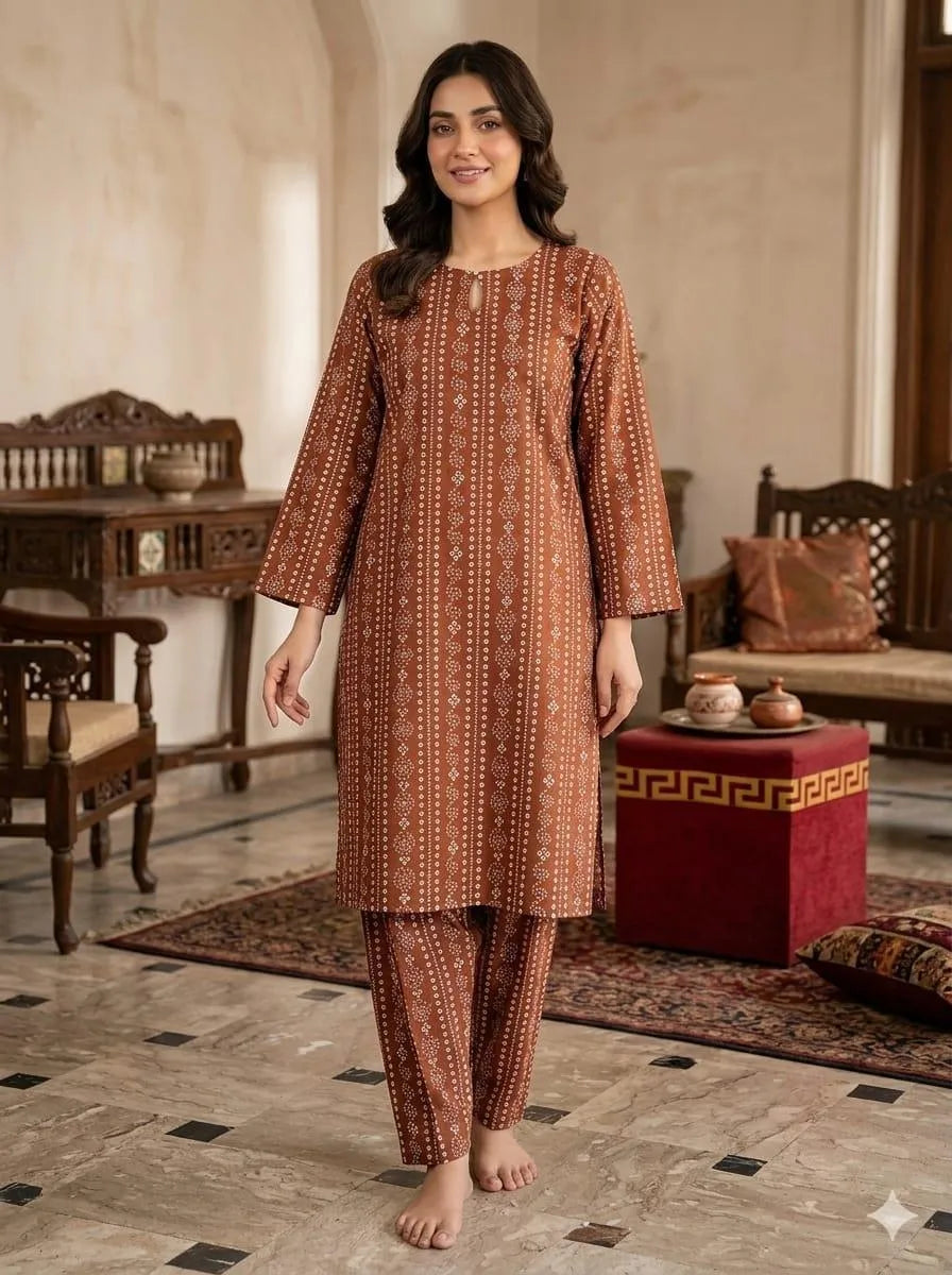 2 Pcs Women Linen Printed Kurta Pants Set Brown Summer