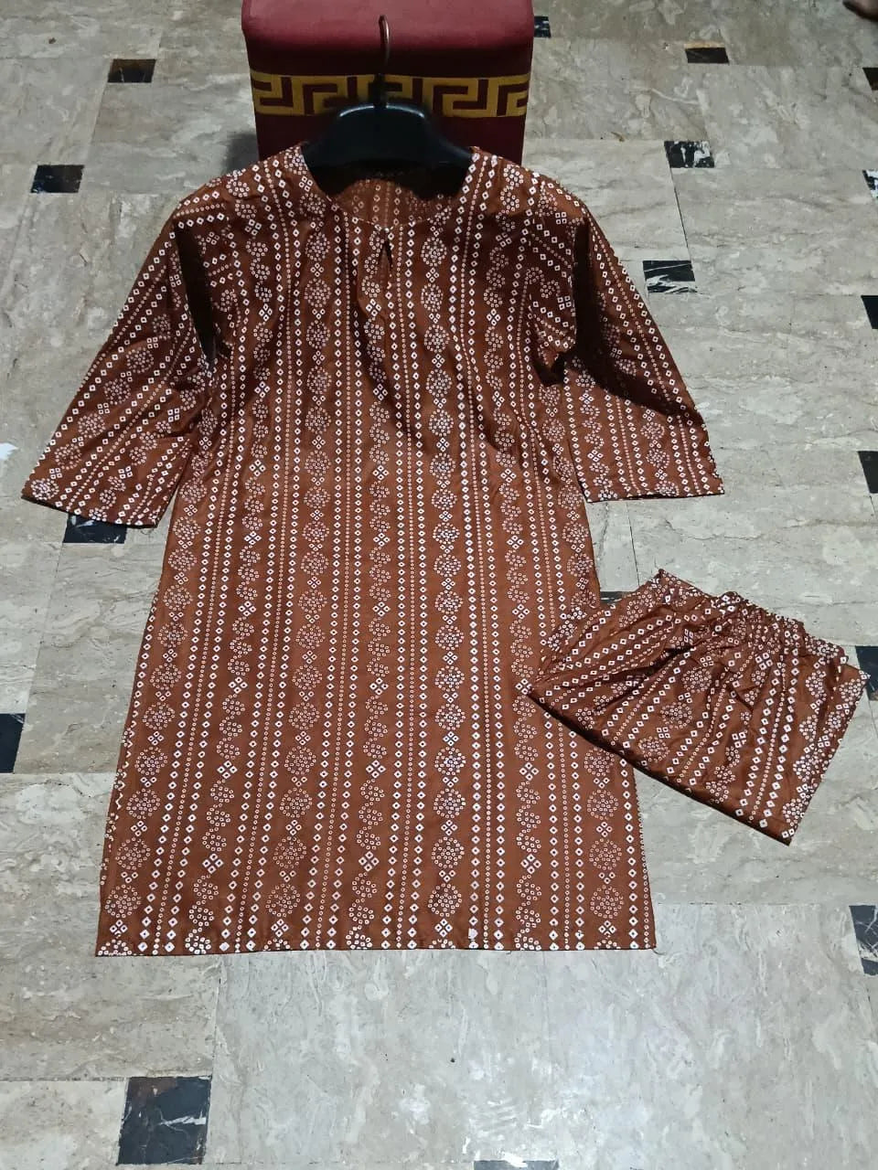 2 Pcs Women Linen Printed Kurta Pants Set Brown Summer