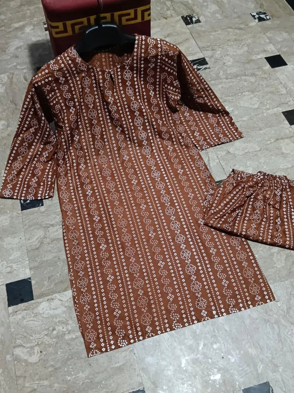 2 Pcs Women Linen Printed Kurta Pants Set Brown Summer