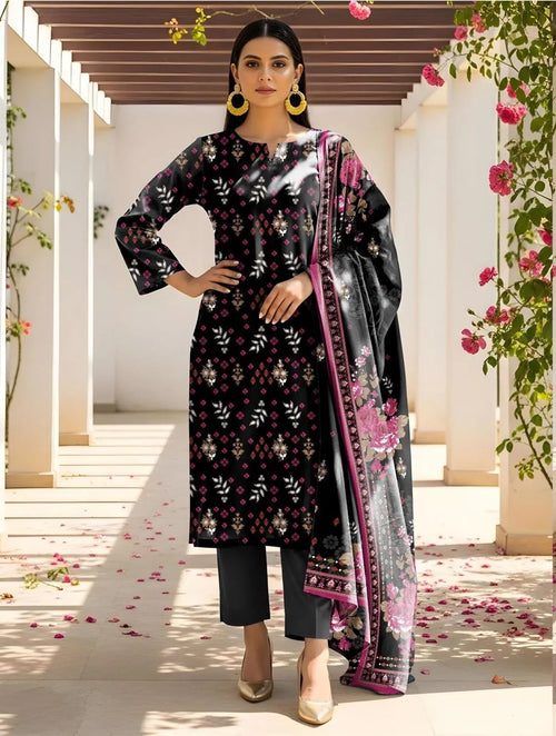 Black Embroidered Kurta Set with Printed Dupatta for Women