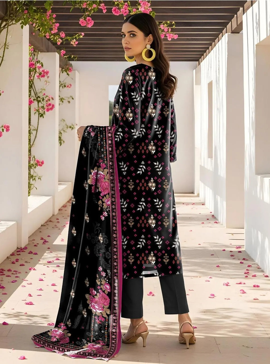 Black Embroidered Kurta Set with Printed Dupatta for Women