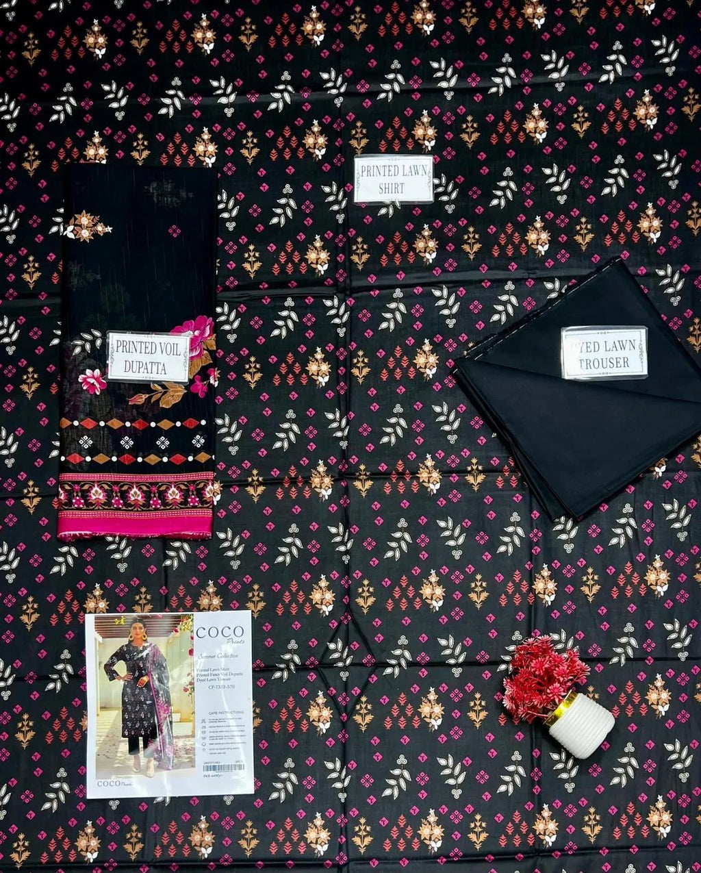 Black Embroidered Kurta Set with Printed Dupatta for Women