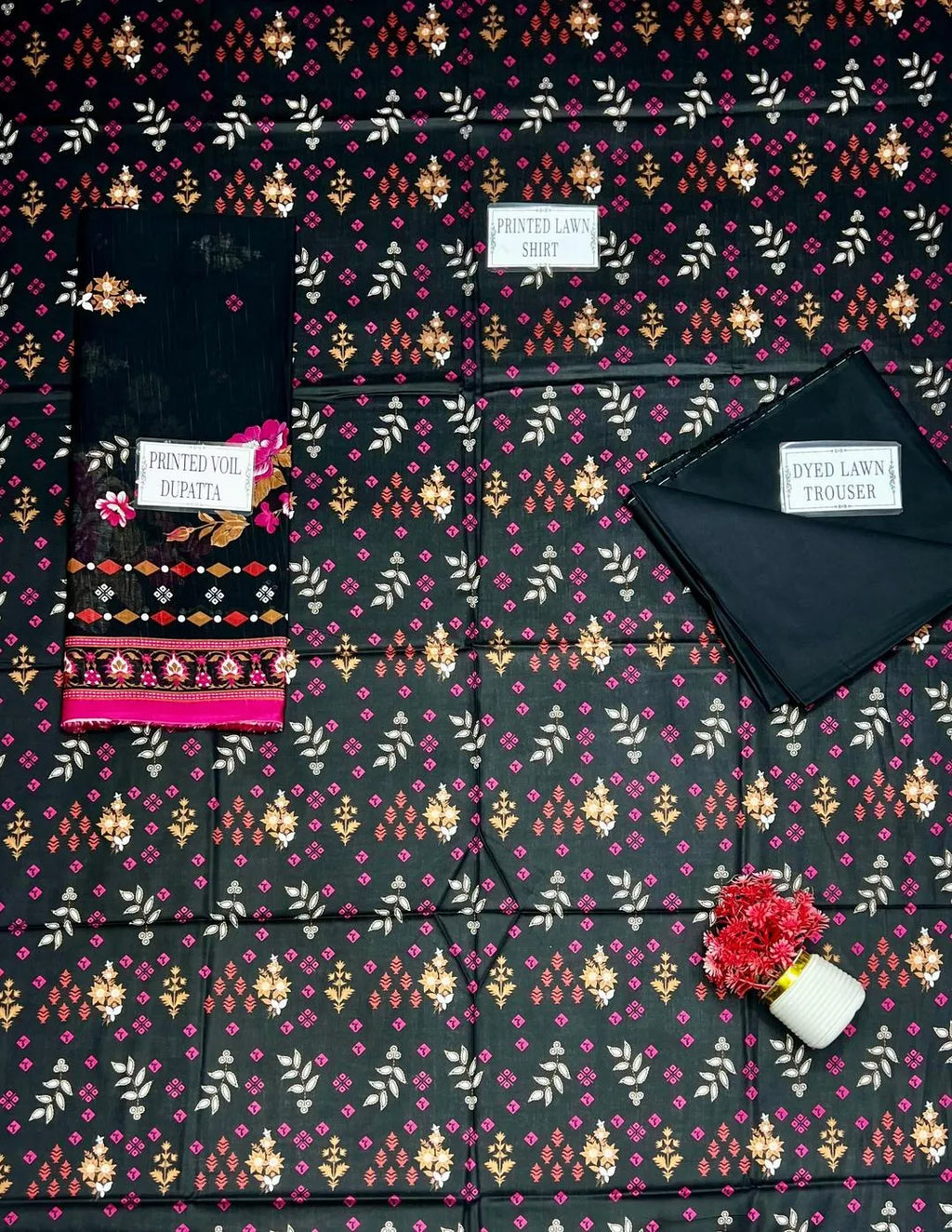 Black Embroidered Kurta Set with Printed Dupatta for Women