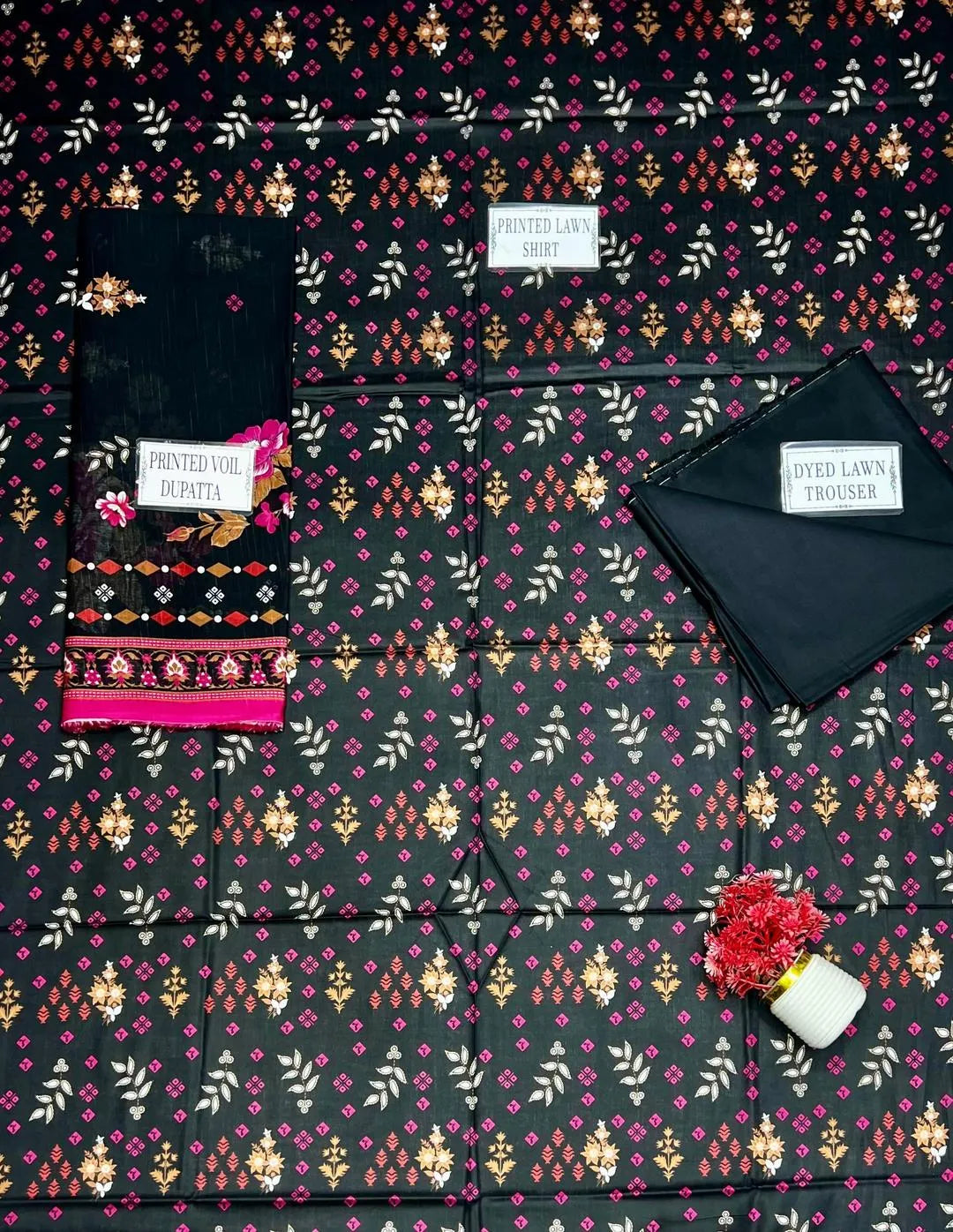 Black Embroidered Kurta Set with Printed Dupatta for Women