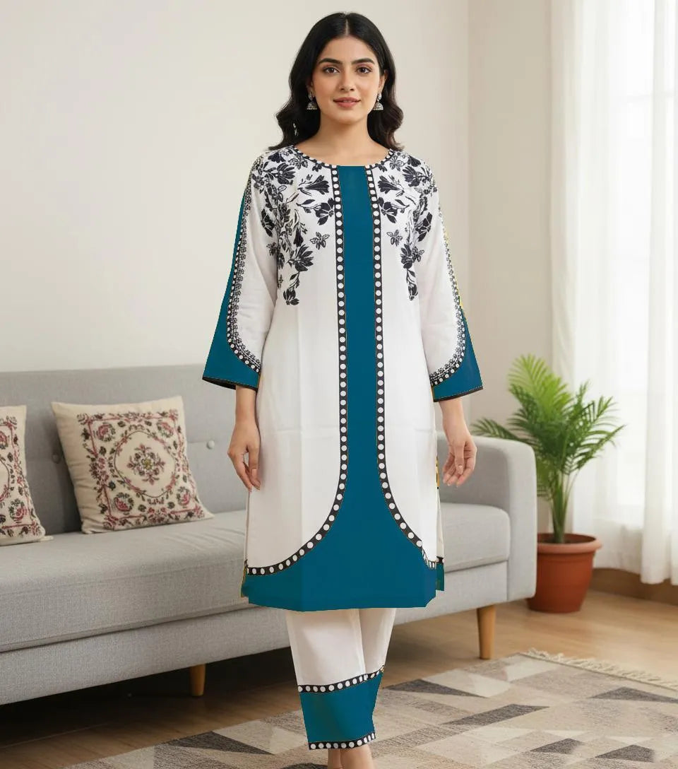 Turquoise Printed Silk Kurta Set for Women