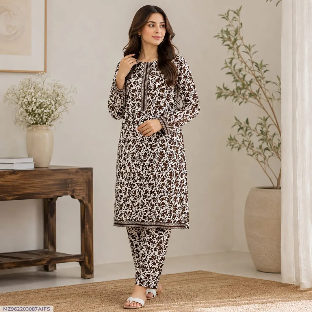 Women Printed 2-Piece Suit Brown Polo Cotton
